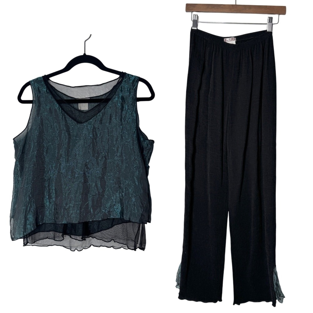 VTG Neil and David Top and Wide Leg Pants Set Outfit Metallic Teal Black XS S